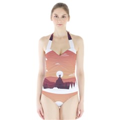 Design Art Hill Hut Landscape Halter Swimsuit by Nexatart