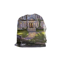 Landscape House River Bridge Swans Art Background Drawstring Pouches (medium)  by Sapixe