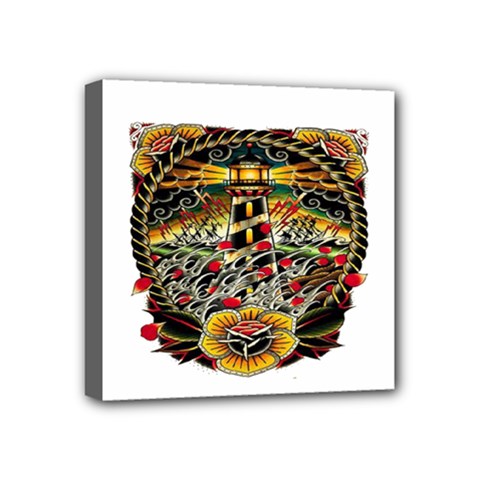 Tattoo Art Print Traditional Artwork Lighthouse Wave Mini Canvas 4  X 4  by Sapixe