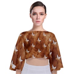 Stars Brown Background Shiny Tie Back Butterfly Sleeve Chiffon Top by Sapixe