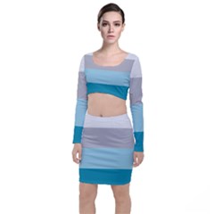 Blue Gray Striped Pattern Horizontal Stripes Long Sleeve Crop Top & Bodycon Skirt Set by yoursparklingshop