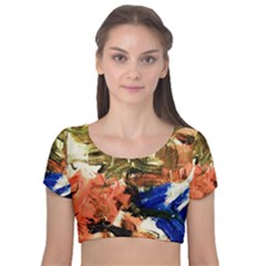 Pagoda And Calligraphy Velvet Short Sleeve Crop Top  by bestdesignintheworld