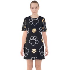 Dog Pawprint Tracks Background Pet Sixties Short Sleeve Mini Dress by Nexatart