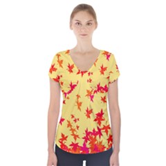 Leaves Autumn Maple Drop Listopad Short Sleeve Front Detail Top by Sapixe