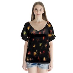 Fireworks Christmas Night Dark V-neck Flutter Sleeve Top by Sapixe