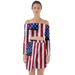 American Usa Flag Vertical Off Shoulder Top With Skirt Set by FunnyCow