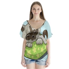 Kitten Kitty Cat Sleeping Sleep V-neck Flutter Sleeve Top by Sapixe