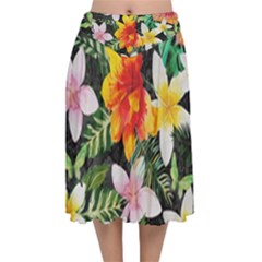 Tropical Flowers Butterflies 1 Velvet Flared Midi Skirt by EDDArt