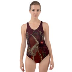Awesome T Rex Skeleton, Vintage Background Cut-out Back One Piece Swimsuit by FantasyWorld7