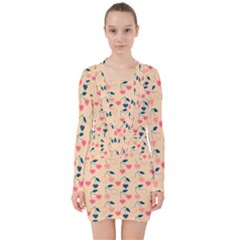 Heart Cherries Cream V-neck Bodycon Long Sleeve Dress by snowwhitegirl