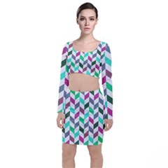 Zigzag Chevron Pattern Aqua Purple Long Sleeve Crop Top & Bodycon Skirt Set by snowwhitegirl