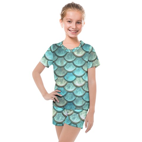 Aqua Mermaid Scale Kids  Mesh Tee And Shorts Set by snowwhitegirl