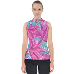 Leaves Tropical Reason Stamping Mock Neck Shell Top by Sapixe