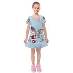 Santa Claus With Cute Pegasus In A Winter Landscape Kids  Short Sleeve Velvet Dress by FantasyWorld7