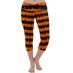 Dark Pumpkin Orange And Black Halloween Nightmare Stripes  Capri Yoga Leggings by PodArtist