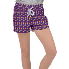 Halloween Skeleton Pumpkin Pattern Purple Women s Velour Lounge Shorts by snowwhitegirl