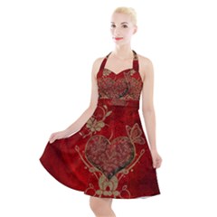Wonderful Decorative Heart In Gold And Red Halter Party Swing Dress  by FantasyWorld7