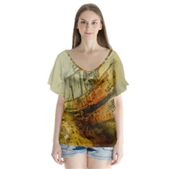 Boat Old Fisherman Mar Ocean V-neck Flutter Sleeve Top by Simbadda