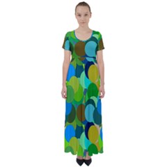 Green Aqua Teal Abstract Circles High Waist Short Sleeve Maxi Dress by Simbadda