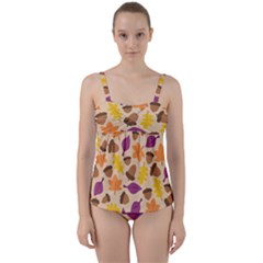 Acorn Pattern Twist Front Tankini Set by Hansue