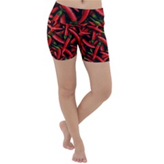 Red Chili Peppers Pattern Lightweight Velour Yoga Shorts by bloomingvinedesign