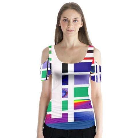 Color Graffiti Pattern Geometric Butterfly Sleeve Cutout Tee  by Nexatart