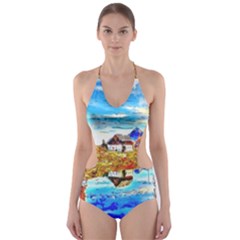Lake Chalet Mountain Art Cut-out One Piece Swimsuit by Nexatart