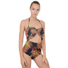 Cream And Pink Fall Flowers Scallop Top Cut Out Swimsuit by bloomingvinedesign