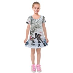 Christmas, Cute Bird With Horse Kids  Short Sleeve Velvet Dress by FantasyWorld7