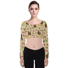 Thanksgiving Turkey Pattern Velvet Long Sleeve Crop Top by Valentinaart