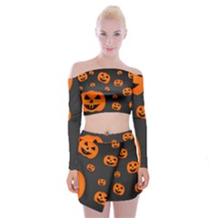 Halloween Pumpkin Autumn Fall Off Shoulder Top With Mini Skirt Set by Sapixe