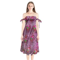 Peacock Feathers Color Plumage Shoulder Tie Bardot Midi Dress by Sapixe