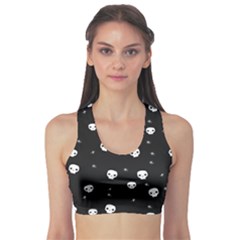 Pattern Skull Stars Halloween Gothic On Black Background Sports Bra by genx