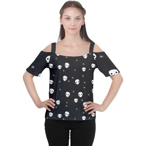 Pattern Skull Stars Halloween Gothic On Black Background Cutout Shoulder Tee by genx