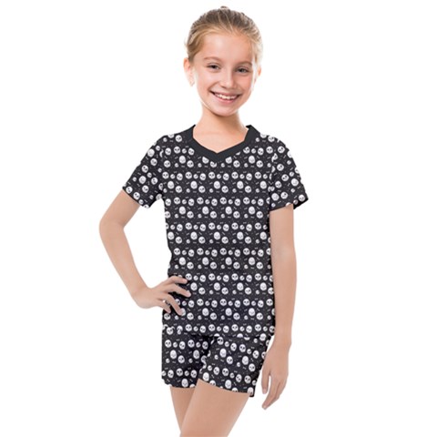 Pattern Skull Bones Halloween Gothic On Black Background Kids  Mesh Tee And Shorts Set by genx