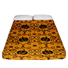 Pattern Pumpkin Spider Vintage Halloween Gothic Orange And Black Fitted Sheet (king Size) by genx