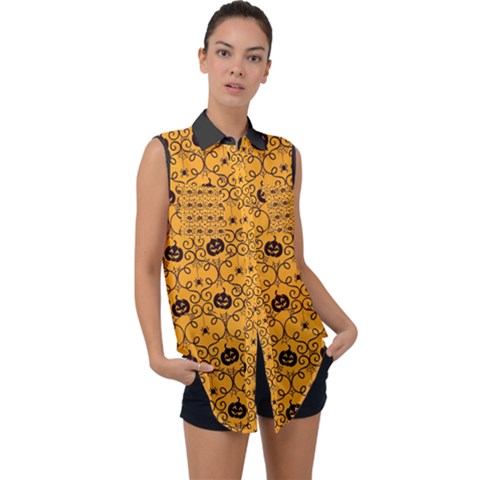 Pattern Pumpkin Spider Vintage Halloween Gothic Orange And Black Sleeveless Chiffon Button Shirt by genx