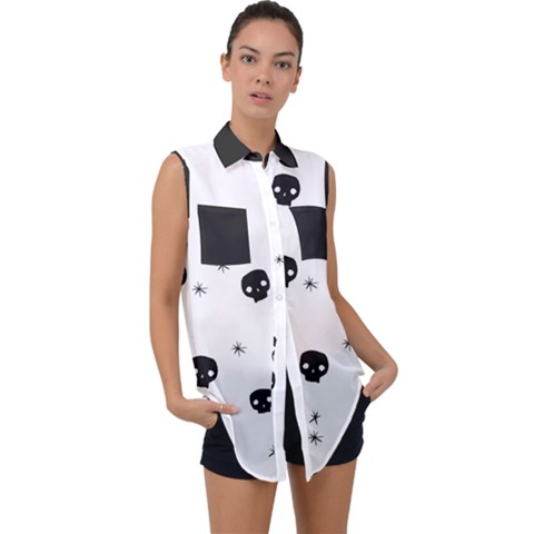 Pattern Skull Stars Handrawn Naive Halloween Gothic Black And White Sleeveless Chiffon Button Shirt by genx