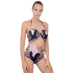 Wonderful Crow With Flowers On Red Vintage Dsign Scallop Top Cut Out Swimsuit by FantasyWorld7