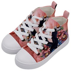 Wonderful Crow With Flowers On Red Vintage Dsign Kid s Mid-top Canvas Sneakers by FantasyWorld7