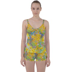 Pretty Yellow And Red Flowers With Turquoise Tie Front Two Piece Tankini by myrubiogarden