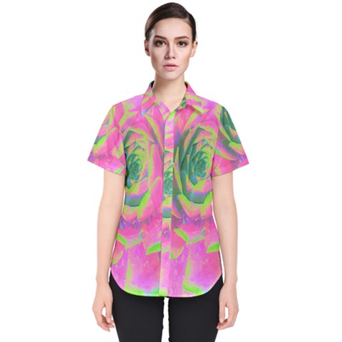 Lime Green And Pink Succulent Sedum Rosette Women s Short Sleeve Shirt by myrubiogarden