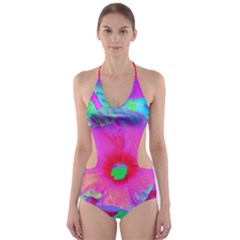Psychedelic Pink And Red Hibiscus Flower Cut-out One Piece Swimsuit by myrubiogarden