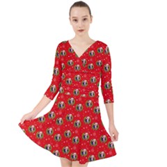 Trump Wrait Pattern Make Christmas Great Again Maga Funny Red Gift With Snowflakes And Trump Face Smiling Quarter Sleeve Front Wrap Dress by snek