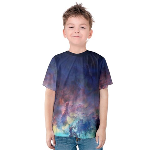Lagoon Nebula Interstellar Cloud Pastel Pink, Turquoise And Yellow Stars Kids  Cotton Tee by genx