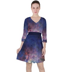 Lagoon Nebula Interstellar Cloud Pastel Pink, Turquoise And Yellow Stars Ruffle Dress by genx