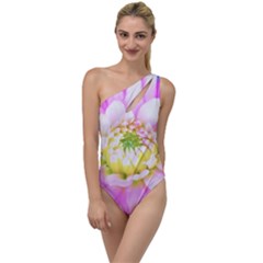 Pretty Pink, White And Yellow Cactus Dahlia Macro To One Side Swimsuit by myrubiogarden