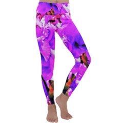 Abstract Ultra Violet Purple Iris On Red And Pink Kids  Lightweight Velour Classic Yoga Leggings by myrubiogarden
