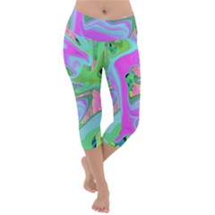 Retro Pink And Light Blue Liquid Art On Hydrangea Garden Lightweight Velour Capri Yoga Leggings by myrubiogarden