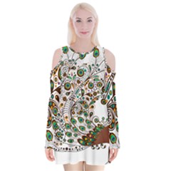 Peacock Graceful Bird Animal Velvet Long Sleeve Shoulder Cutout Dress by Wegoenart